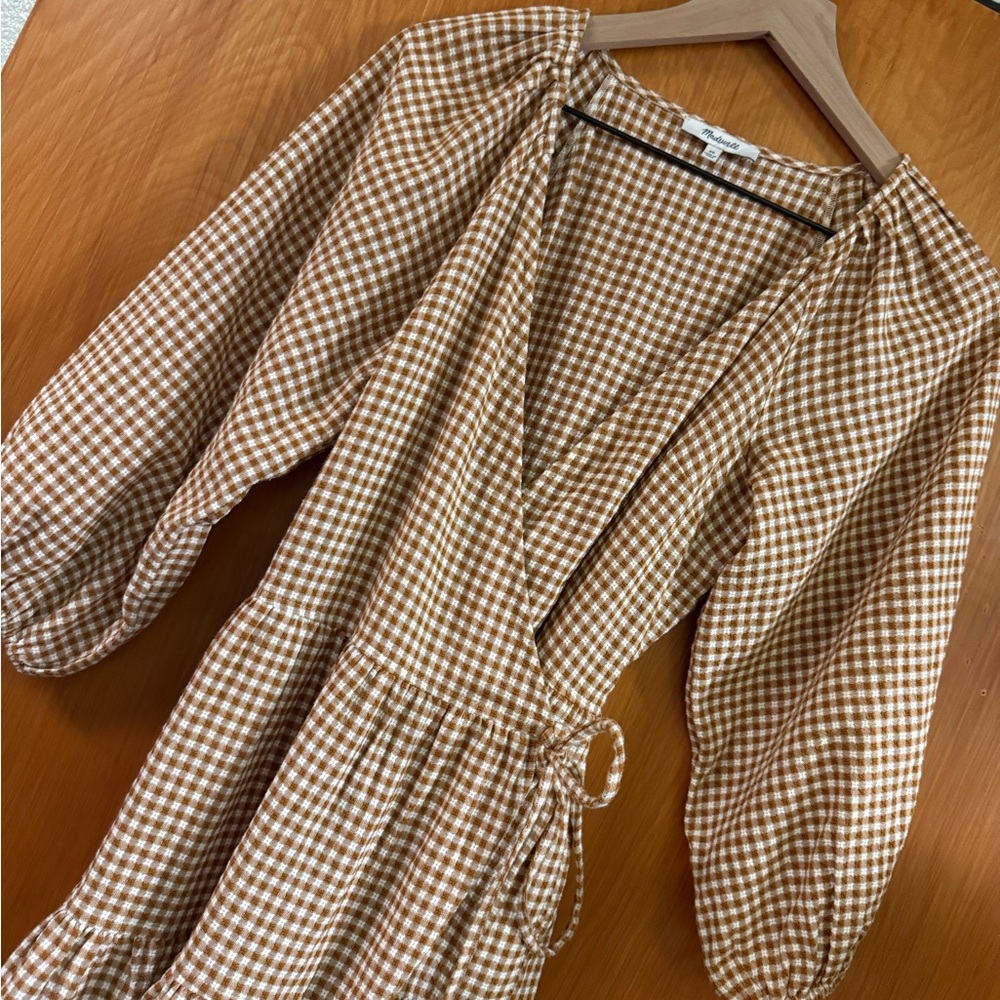 Madewell Brown Cream Gingham Wrap Dress - Picture 5 of 11